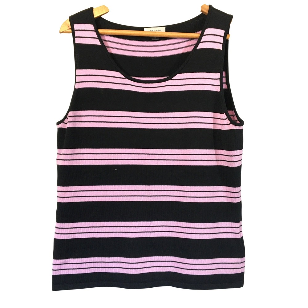 Tahari Arthur S Levine Striped Silk Blend Knit Tank Top Size 14 Black‎ Pink